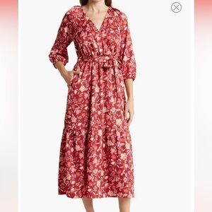 Lucky Brand Tie Waist Boho Floral Modest Midi Dress S NEW